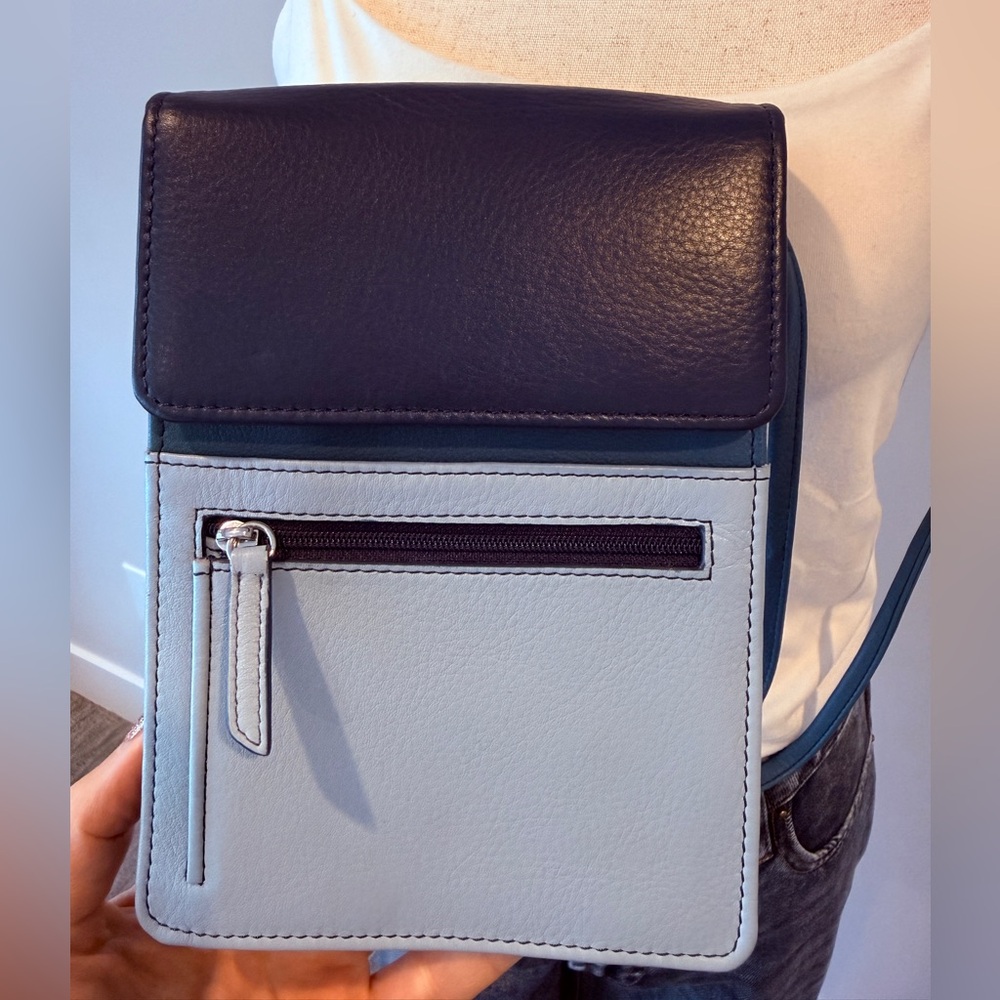 ili NY Leather Crossbody On A String Adjustable Strap Blue Denim Multi RFID